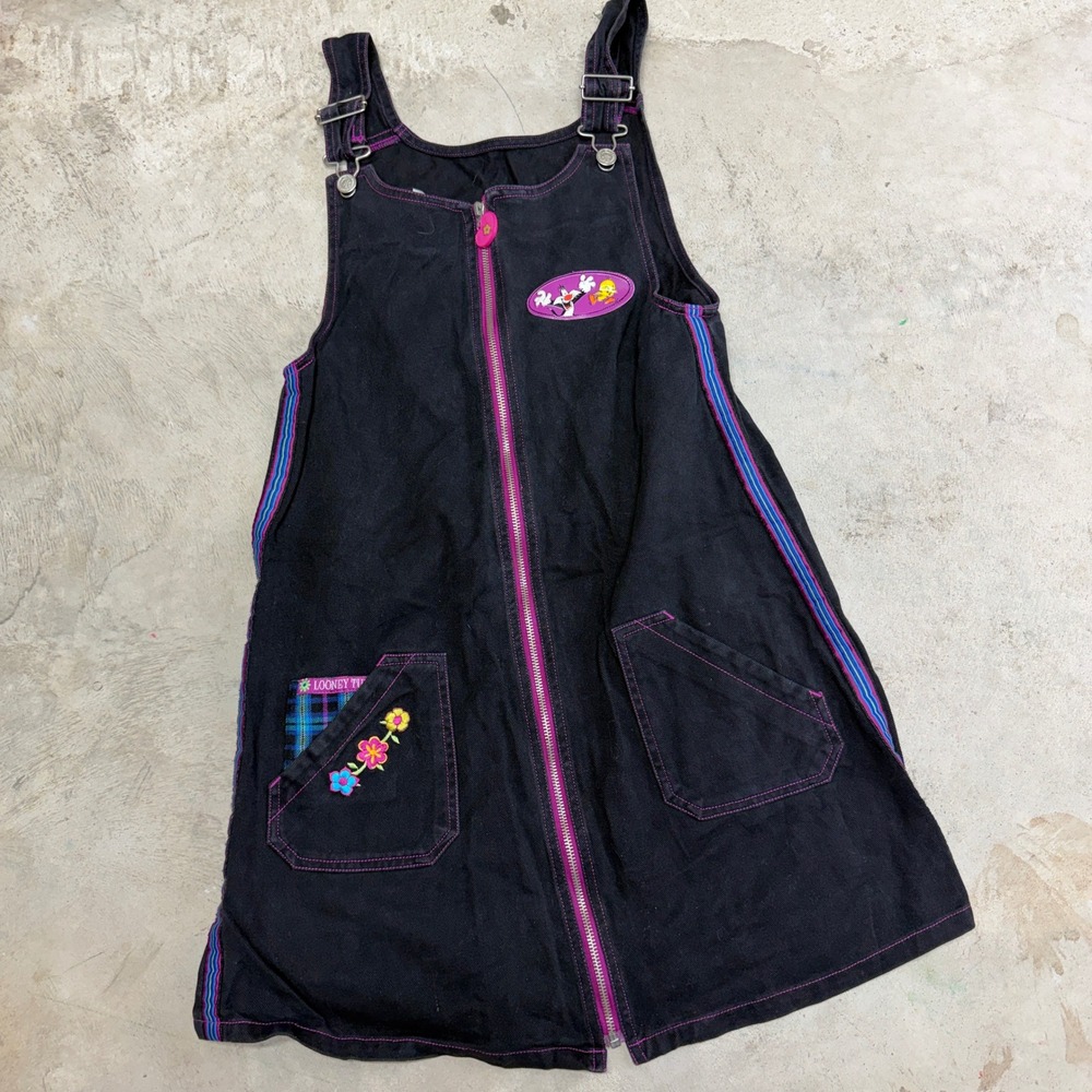 Looney Tunes Black Denim Pinafore Dress Tweety Sylvester Patch Kids Size 14 16